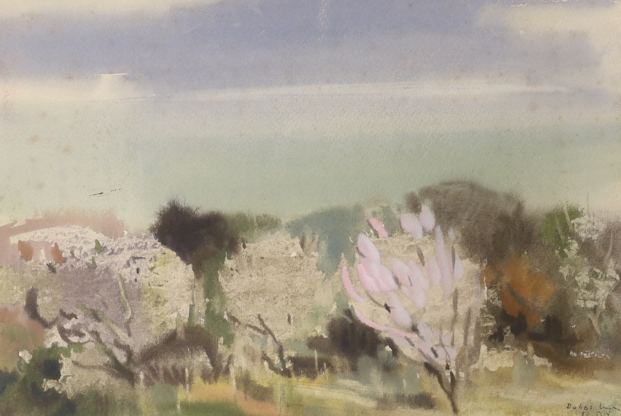 Lajos Dobos (Hungarian, 1921-2012), watercolour, 'Blossoms at Balaston', signed and inscribed verso, 31 x 45cm